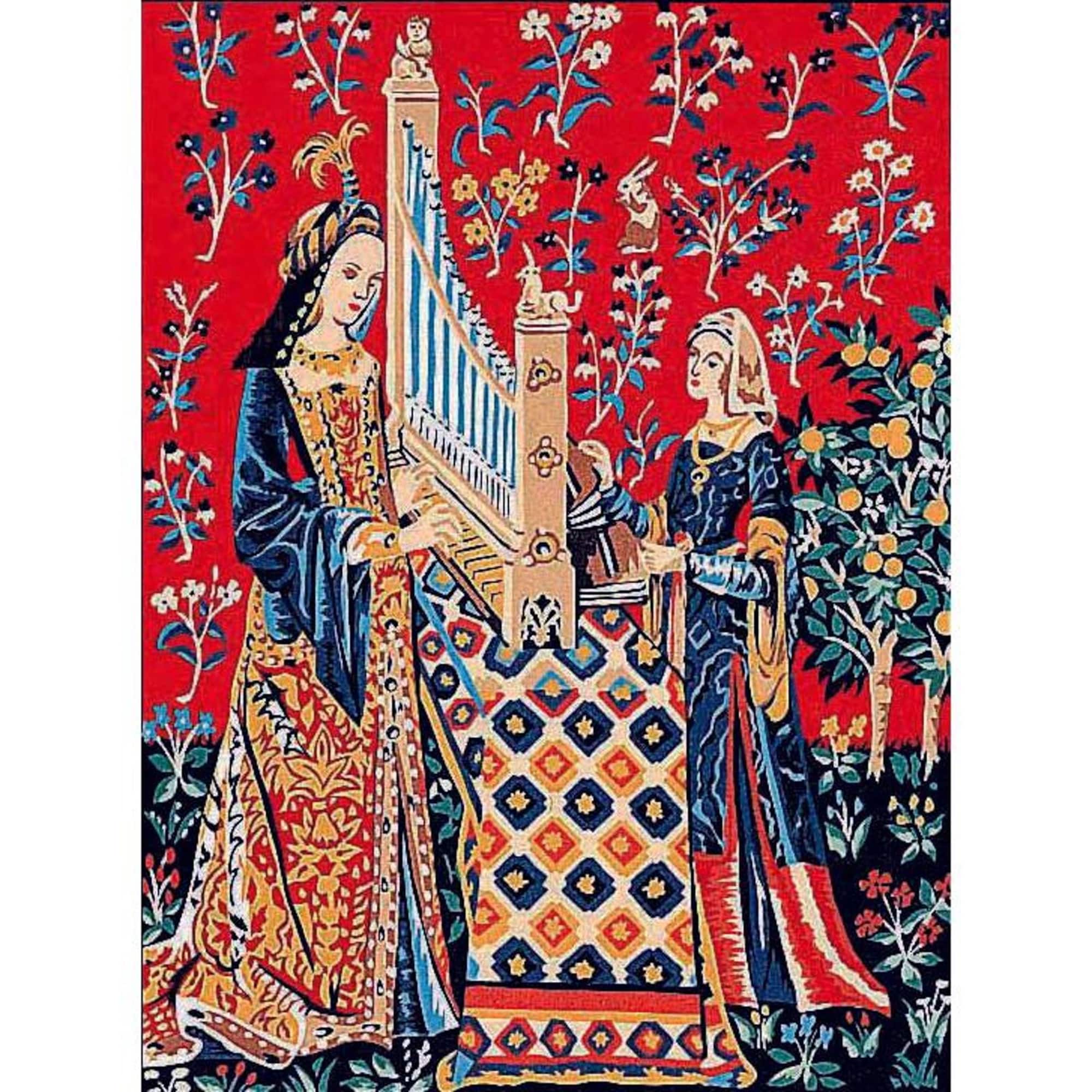Gobelin Lady Unicorn Hearing Printed Tapestry Needlepoint Canvas